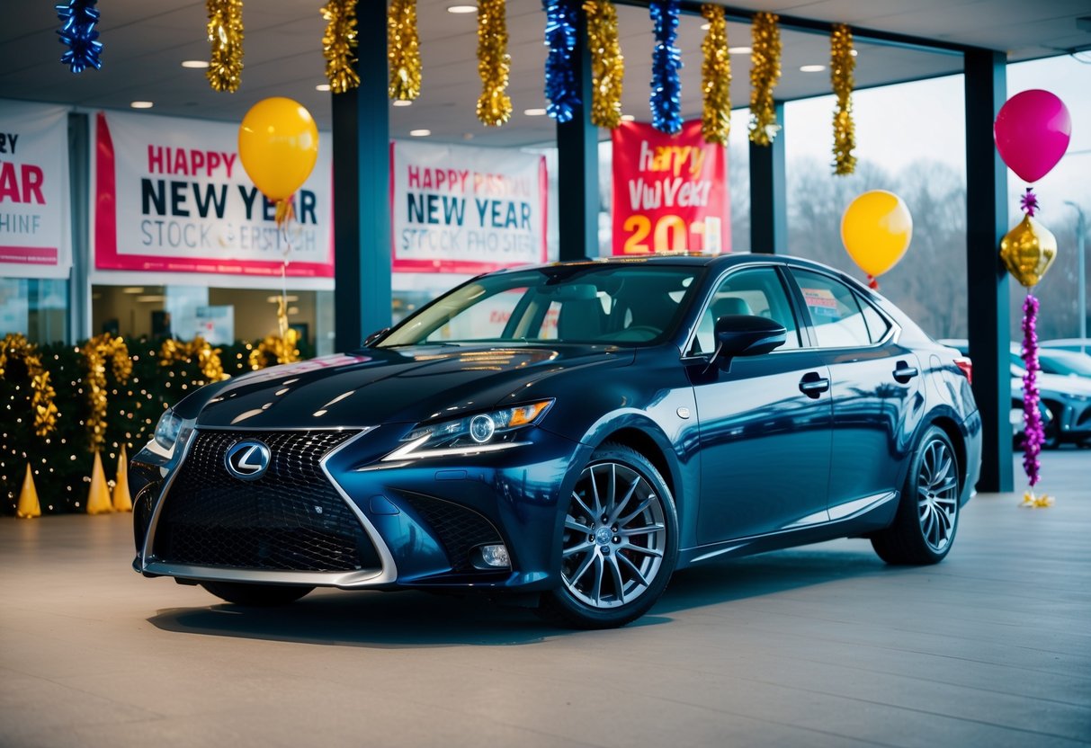 A sleek Lexus sedan parked under festive New Year decorations at a dealership, with promotional banners and balloons