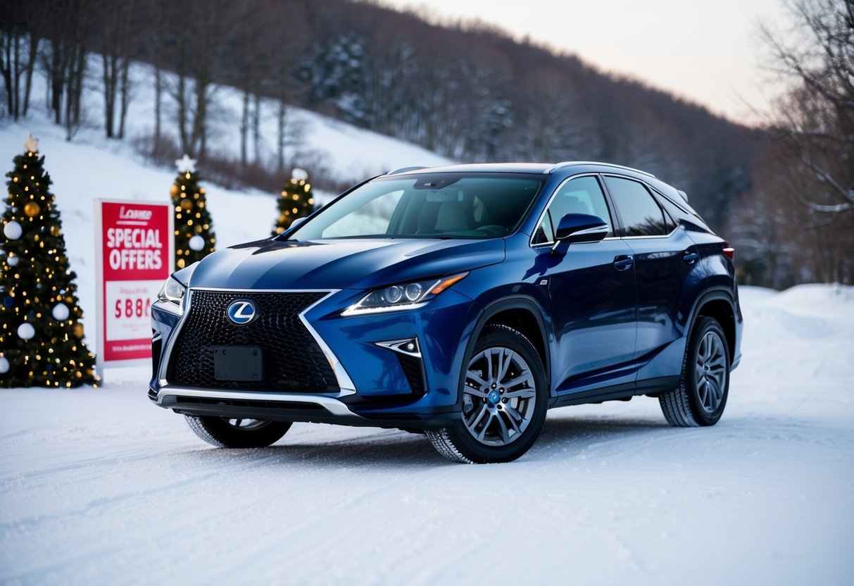A sleek Lexus RX parked in a snowy landscape, surrounded by winter-themed decorations and a sign advertising special offers