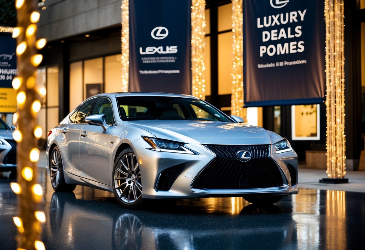 A sleek Lexus sedan surrounded by sparkling lights and banners advertising luxury deals and promotions