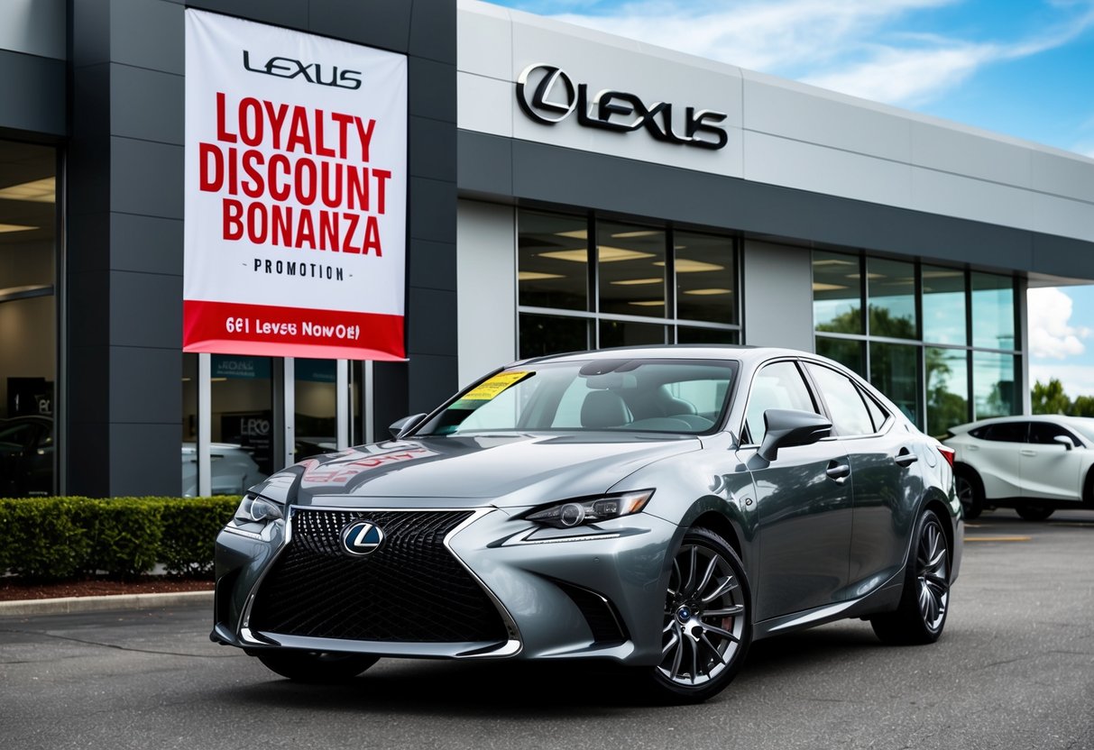 A sleek Lexus sedan parked in front of a dealership with a large banner advertising the "Lexus Loyalty Discount Bonanza" promotion