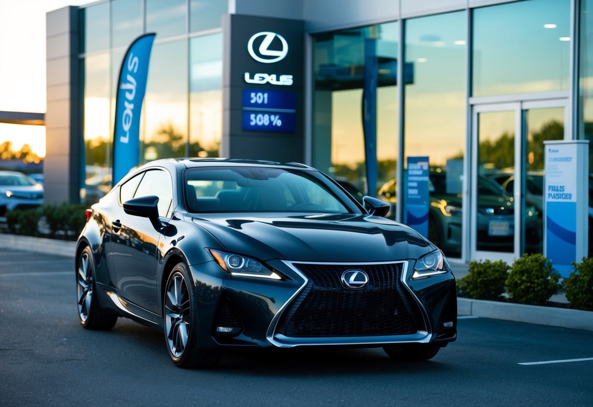 A sleek Lexus RZ model car parked in front of a modern dealership with a promotional banner and financing offers displayed