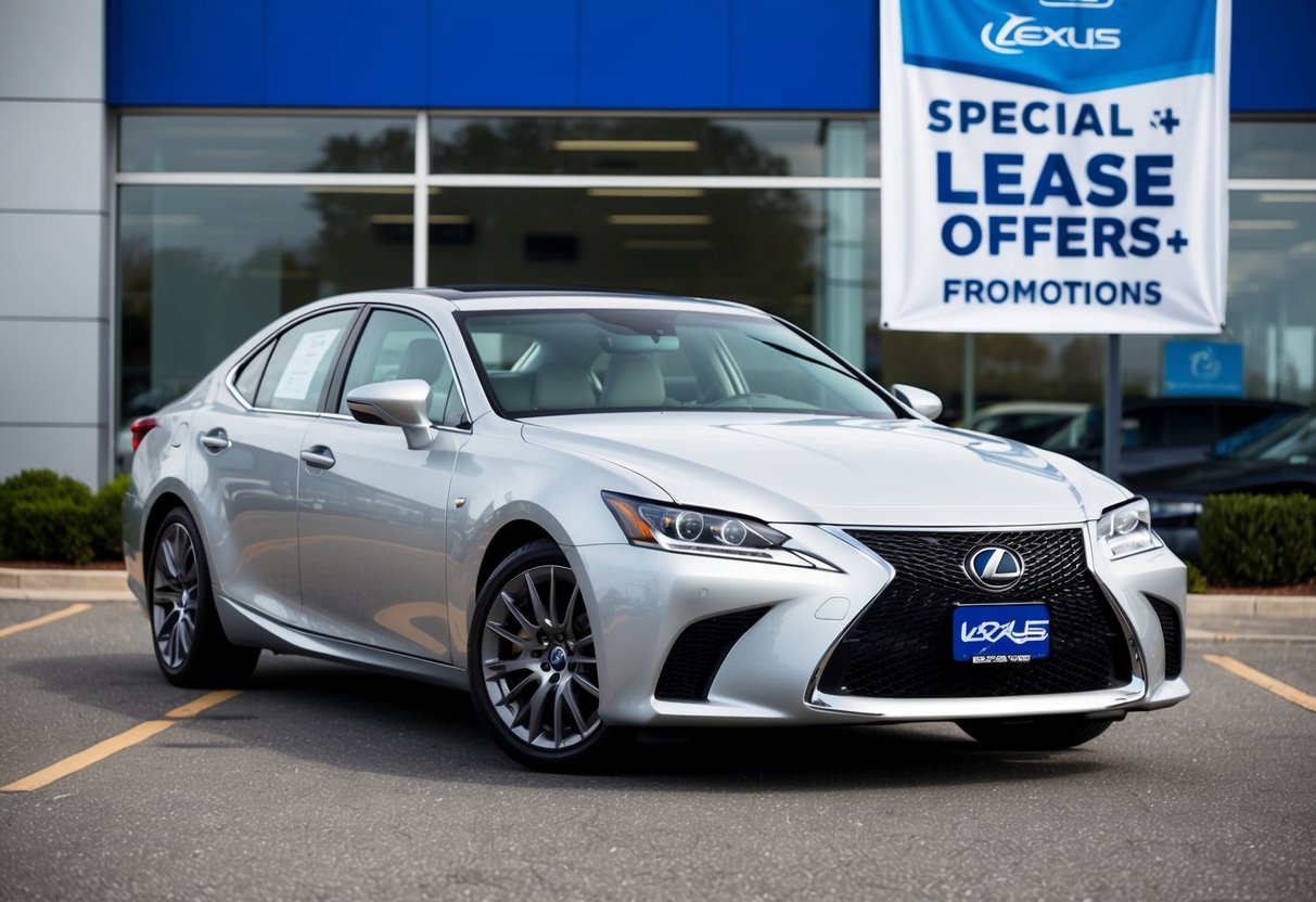 A sleek Lexus sedan parked in front of a dealership with a large banner advertising special lease offers and promotions