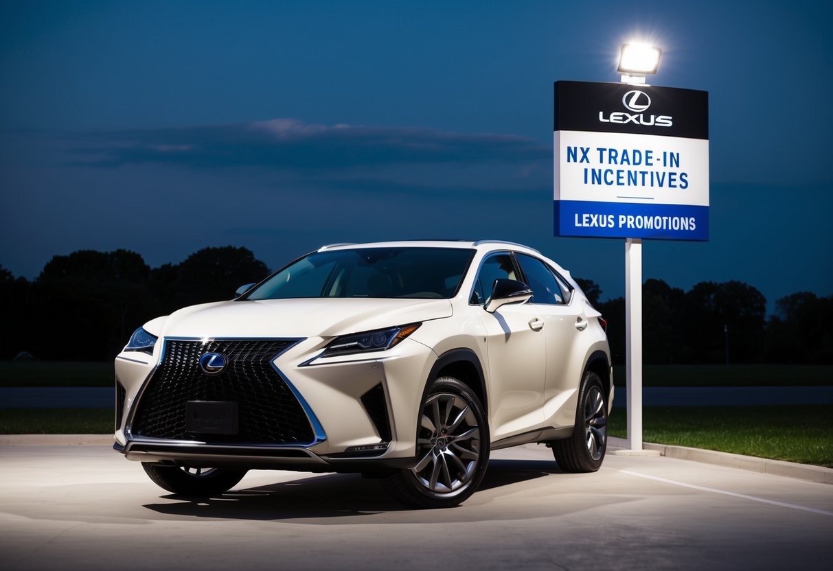 A sleek Lexus vehicle parked next to a sign displaying "NX Trade-In Incentives" and "Lexus Promotions" with a spotlight shining on the car
