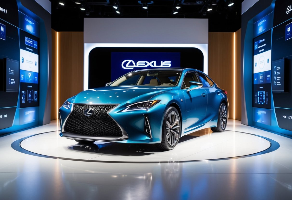 A sleek Lexus hybrid car surrounded by futuristic technology and interactive UX displays