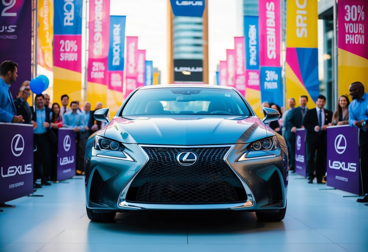 A sleek Lexus car surrounded by vibrant, eye-catching promotional banners and signs. A sense of excitement and anticipation fills the air