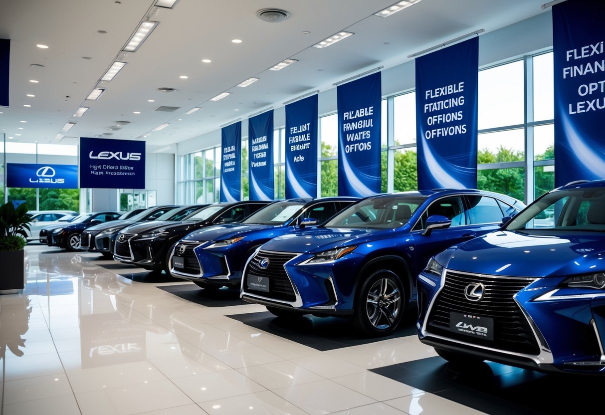 A luxury car dealership with sleek, modern vehicles on display, accompanied by banners and signs promoting flexible financing options and Lexus promotions