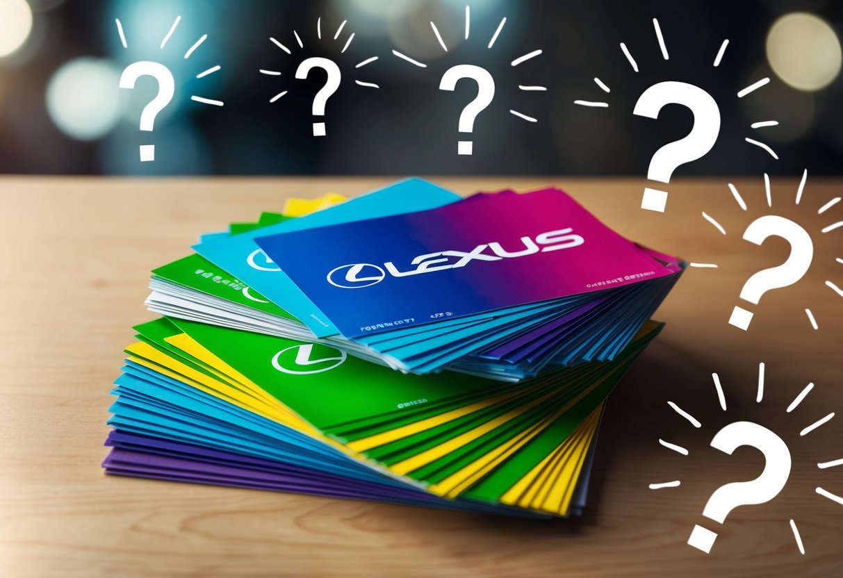 A stack of colorful flyers with the Lexus logo, surrounded by question marks and promotional graphics