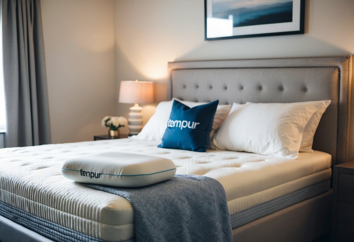 A cozy bedroom with a Tempur mattress, pillows, and bedding. A peaceful, serene atmosphere with soft lighting and a sense of comfort and relaxation