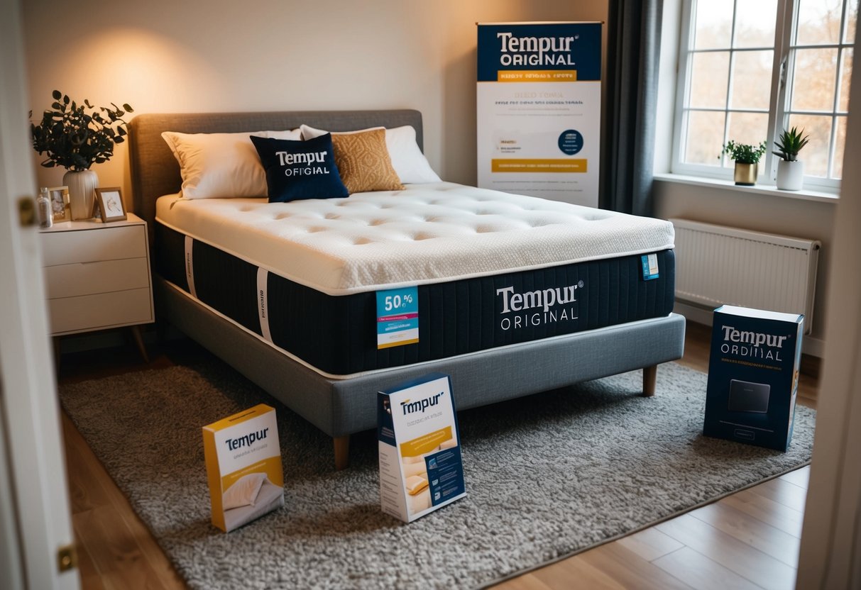 A cozy bedroom with a Tempur Original mattress on sale, surrounded by promotional items