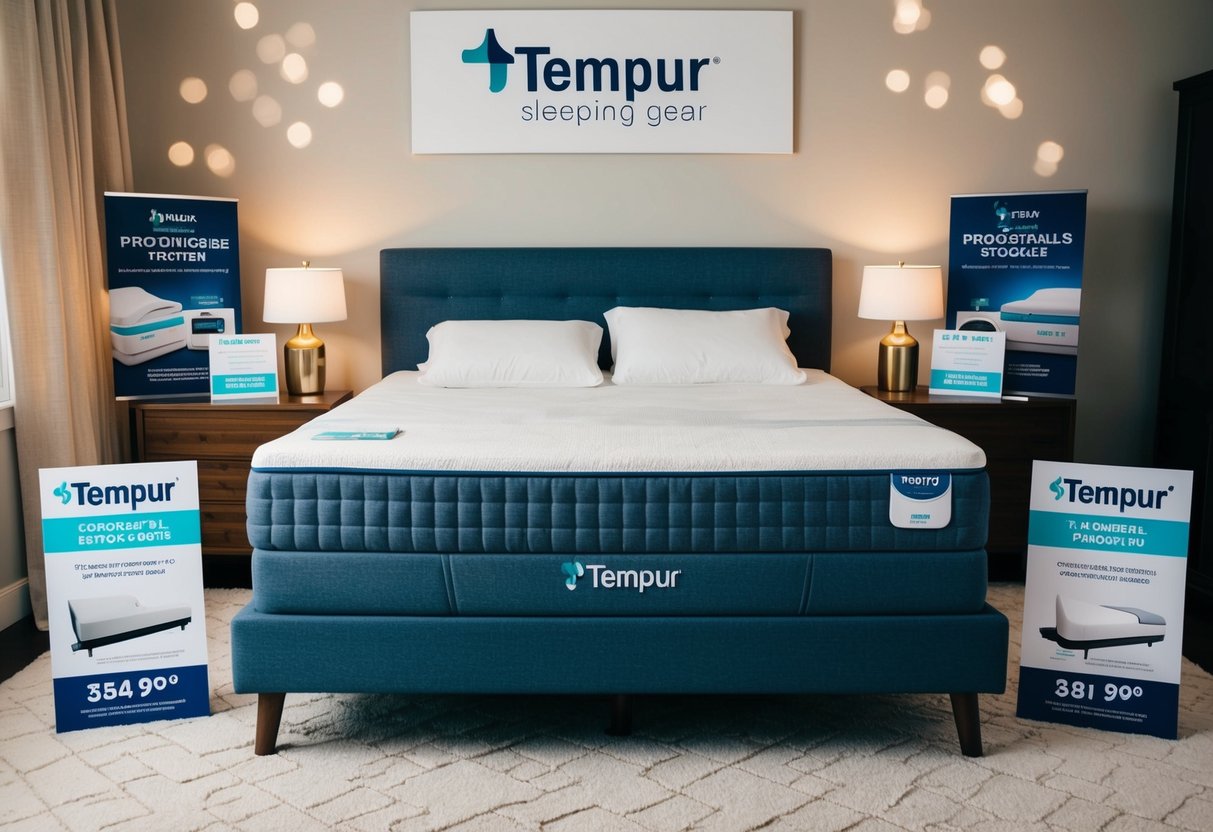 A cozy bedroom with a comfortable Tempur sleeping gear set displayed on a bed, surrounded by promotional signs and discounts