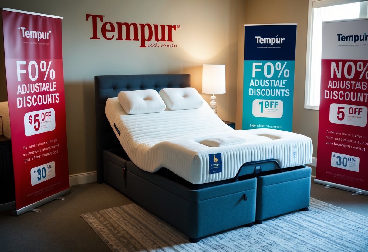 A bedroom with a Tempur adjustable bed, surrounded by promotional banners and discounts