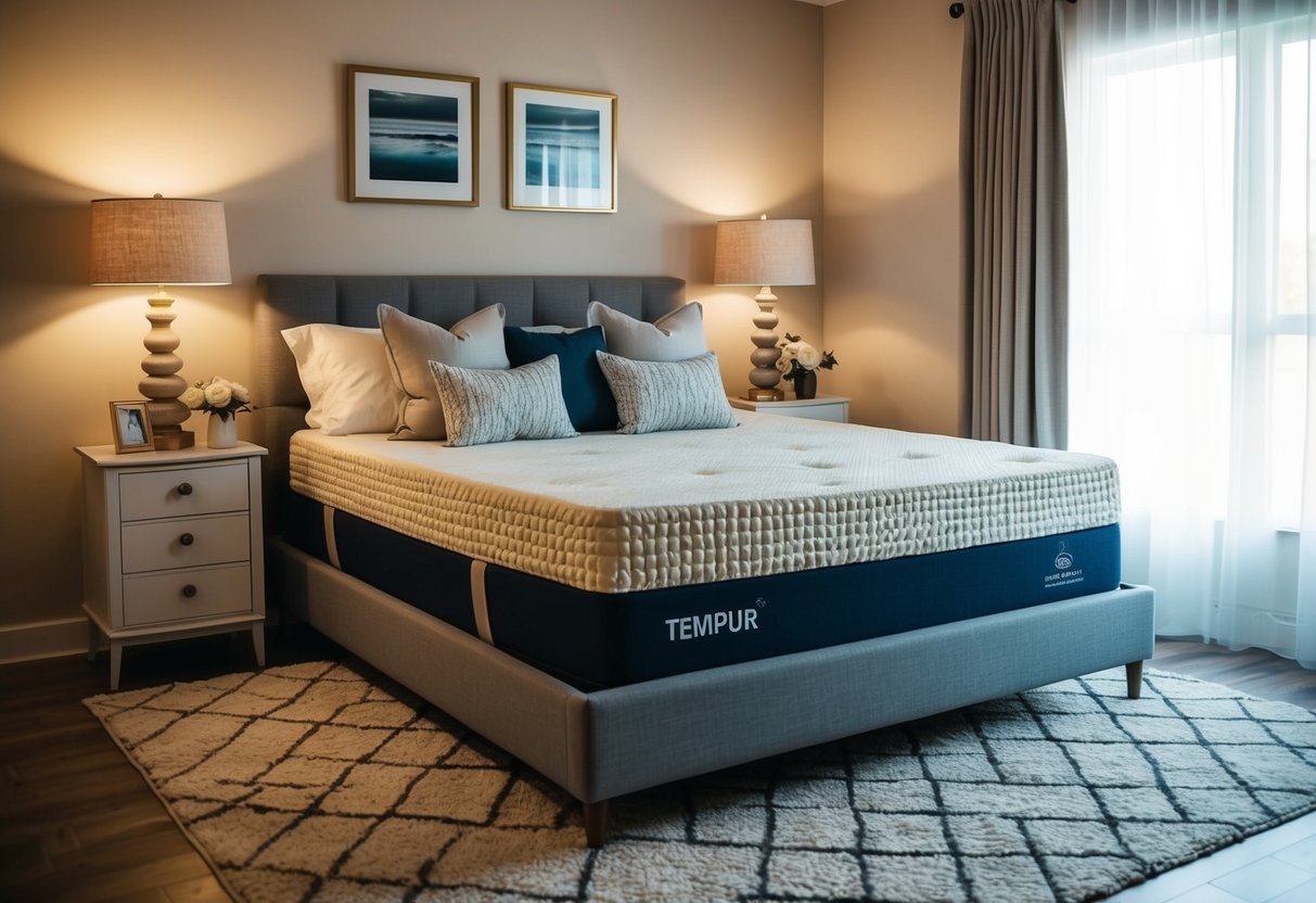 A cozy bedroom with a comfortable Tempur mattress, surrounded by soft pillows and a warm, inviting atmosphere