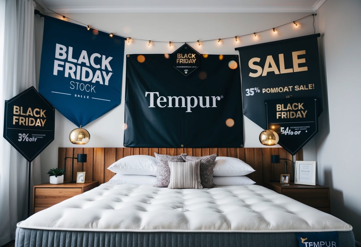 A cozy bedroom with a Tempur mattress and pillows surrounded by Black Friday sale banners and promotional signs