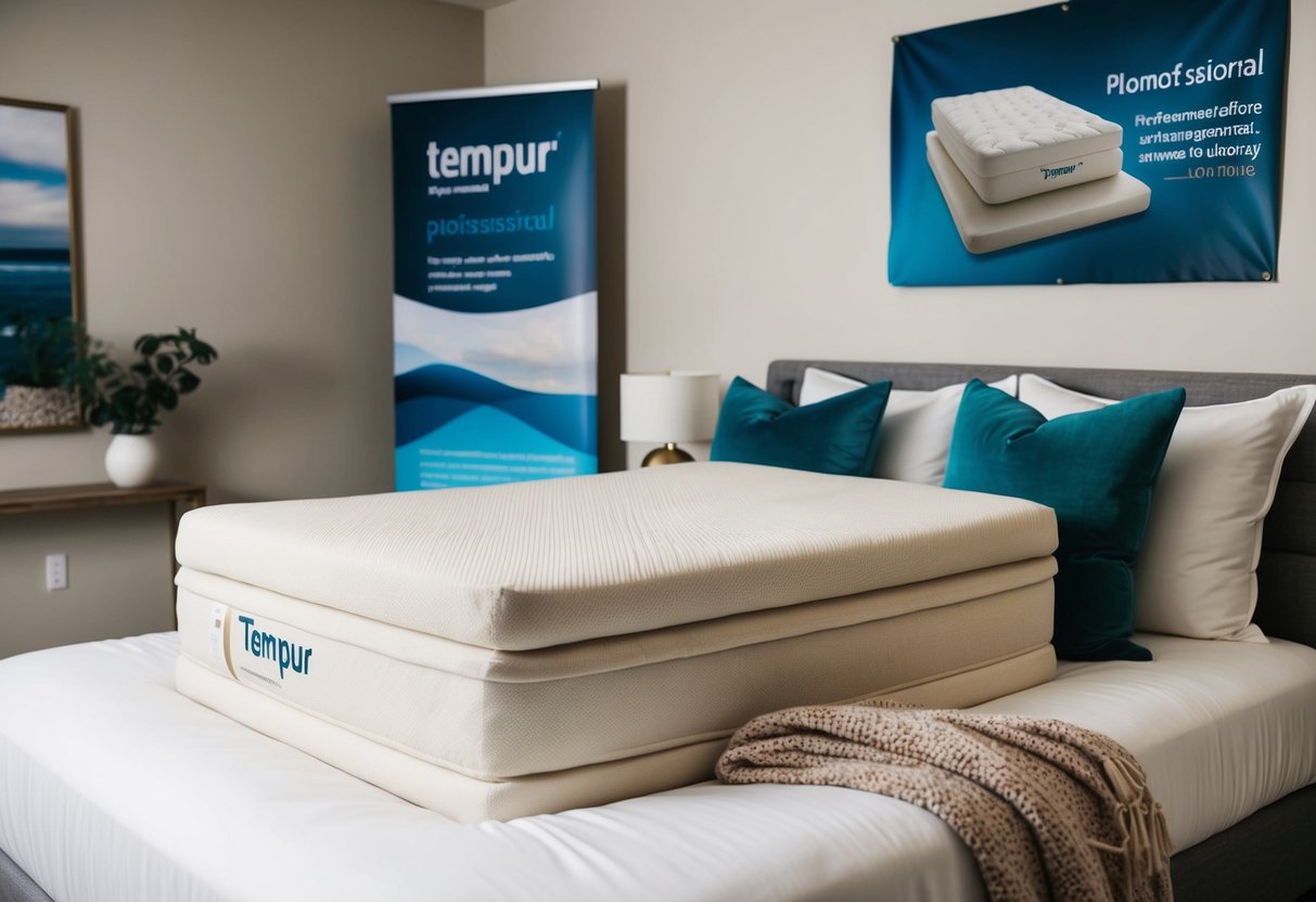 A serene bedroom with a Tempur mattress surrounded by soft pillows and a cozy blanket, with a promotional banner in the background