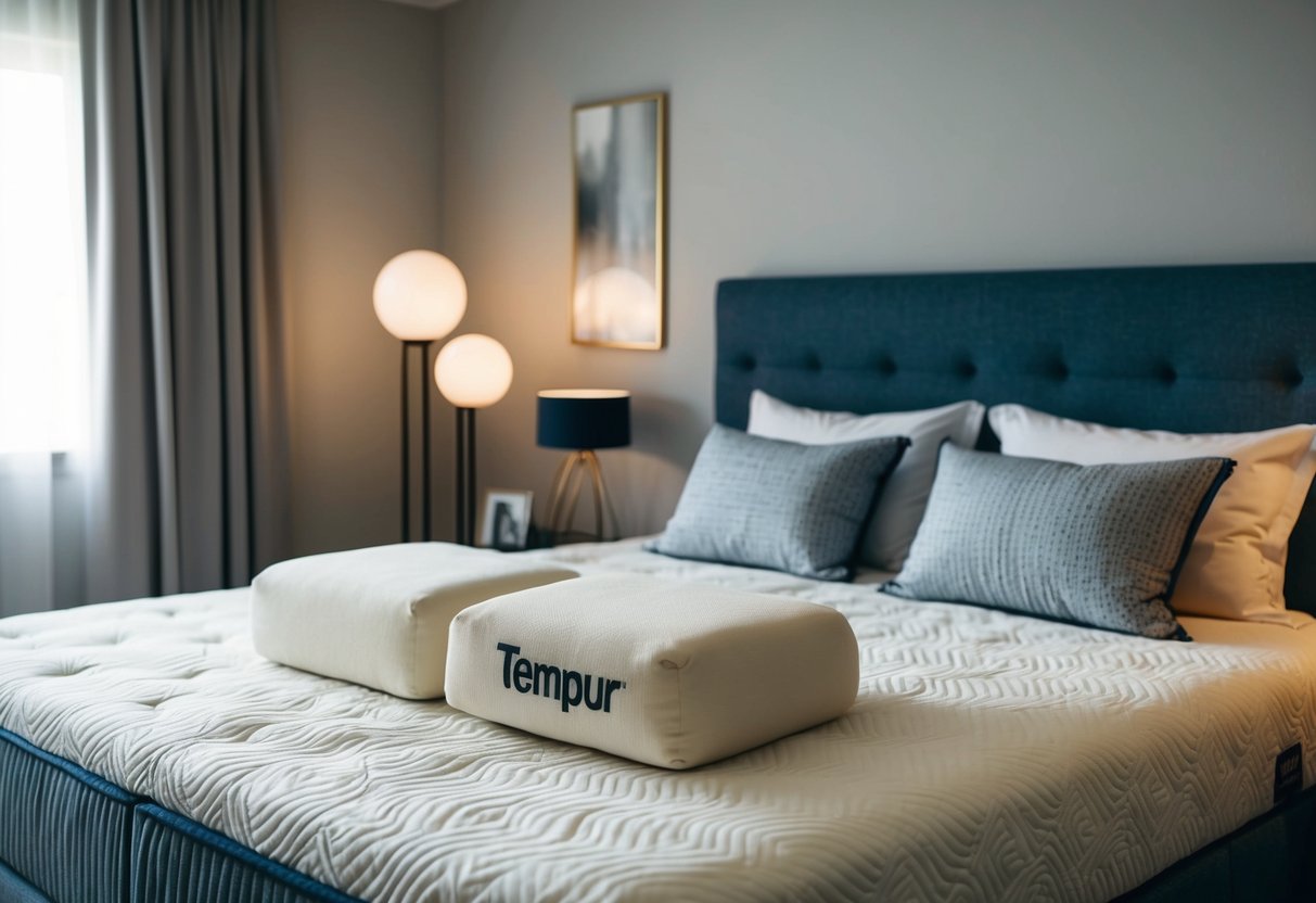 A cozy bedroom with a Tempur mattress and pillows, surrounded by soft, ambient lighting and a tranquil atmosphere