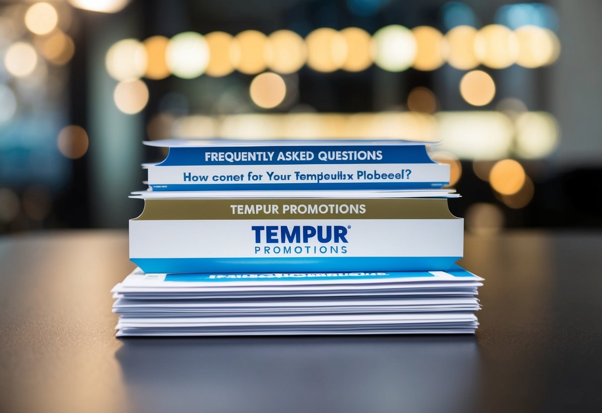 A stack of promotional materials with the words "Frequently Asked Questions" and "tempur promotions" displayed prominently