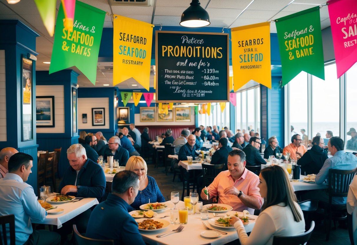A bustling seafood restaurant with colorful banners and a chalkboard sign advertising promotions. Tables are filled with customers enjoying their meals