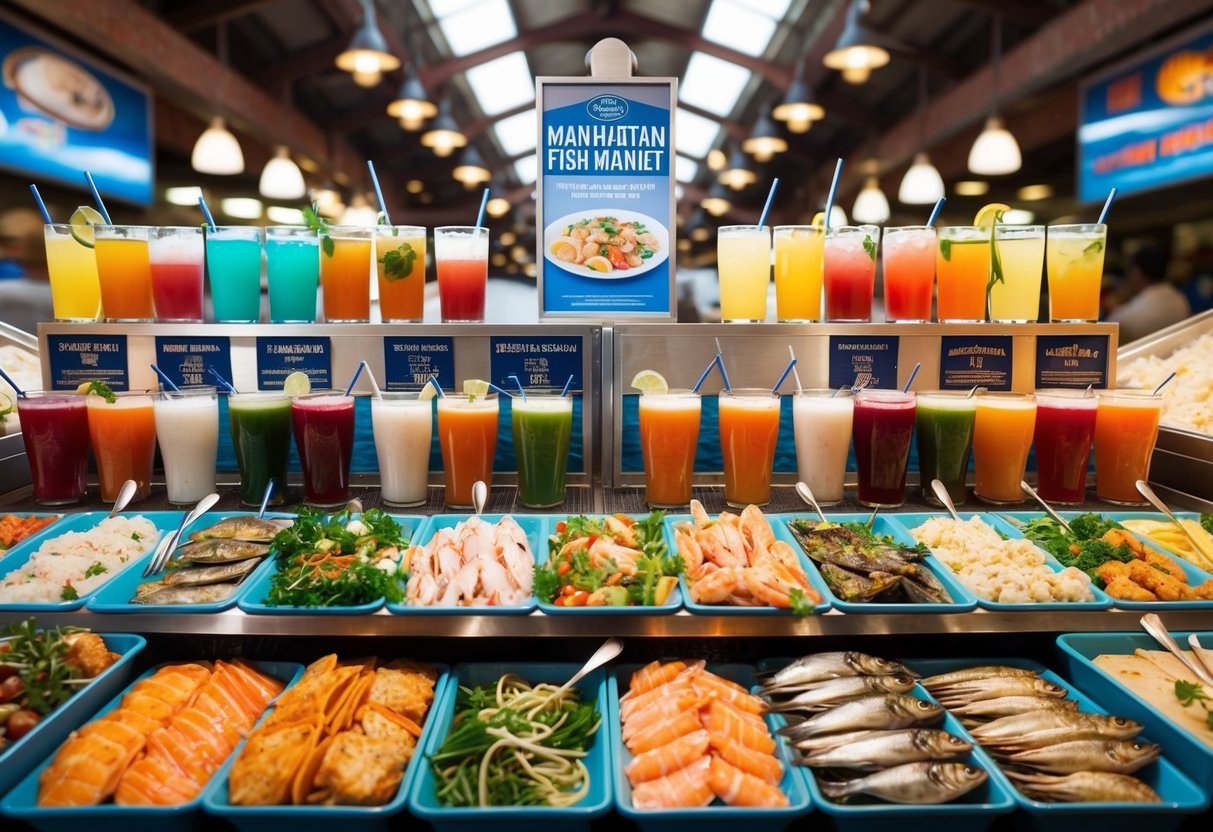 A colorful array of seafood dishes and drinks arranged in a promotional display at The Manhattan Fish Market