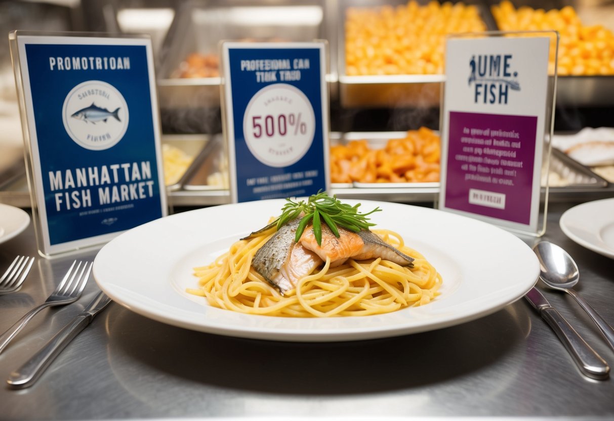A steaming plate of pasta and fish surrounded by promotional signage at The Manhattan Fish Market