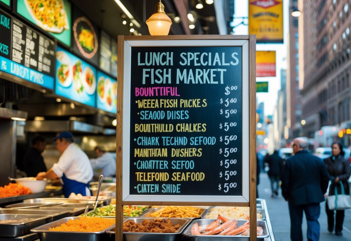 A colorful chalkboard displays the bountiful lunch specials at The Manhattan Fish Market, enticing passersby with mouthwatering seafood dishes