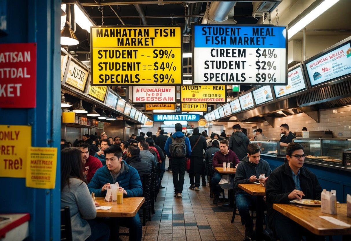 A bustling restaurant with colorful signs advertising student meal specials and promotions at The Manhattan Fish Market