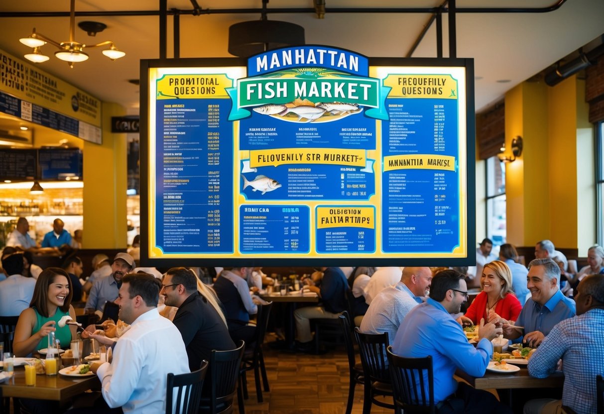 A bustling restaurant with a vibrant promotional display featuring The Manhattan Fish Market's frequently asked questions. Tables are filled with happy customers enjoying their meals