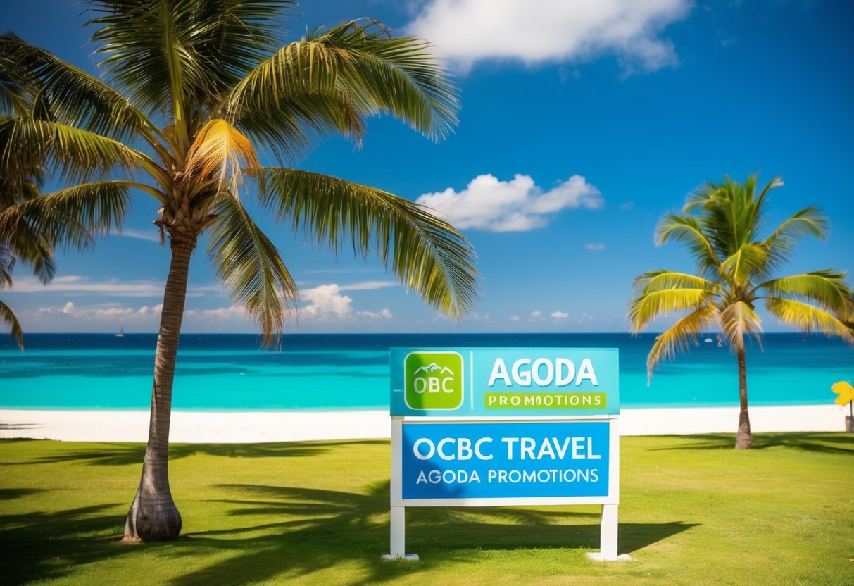 A tropical beach resort with palm trees and a clear blue ocean, with a sign promoting OCBC Travel and Agoda promotions