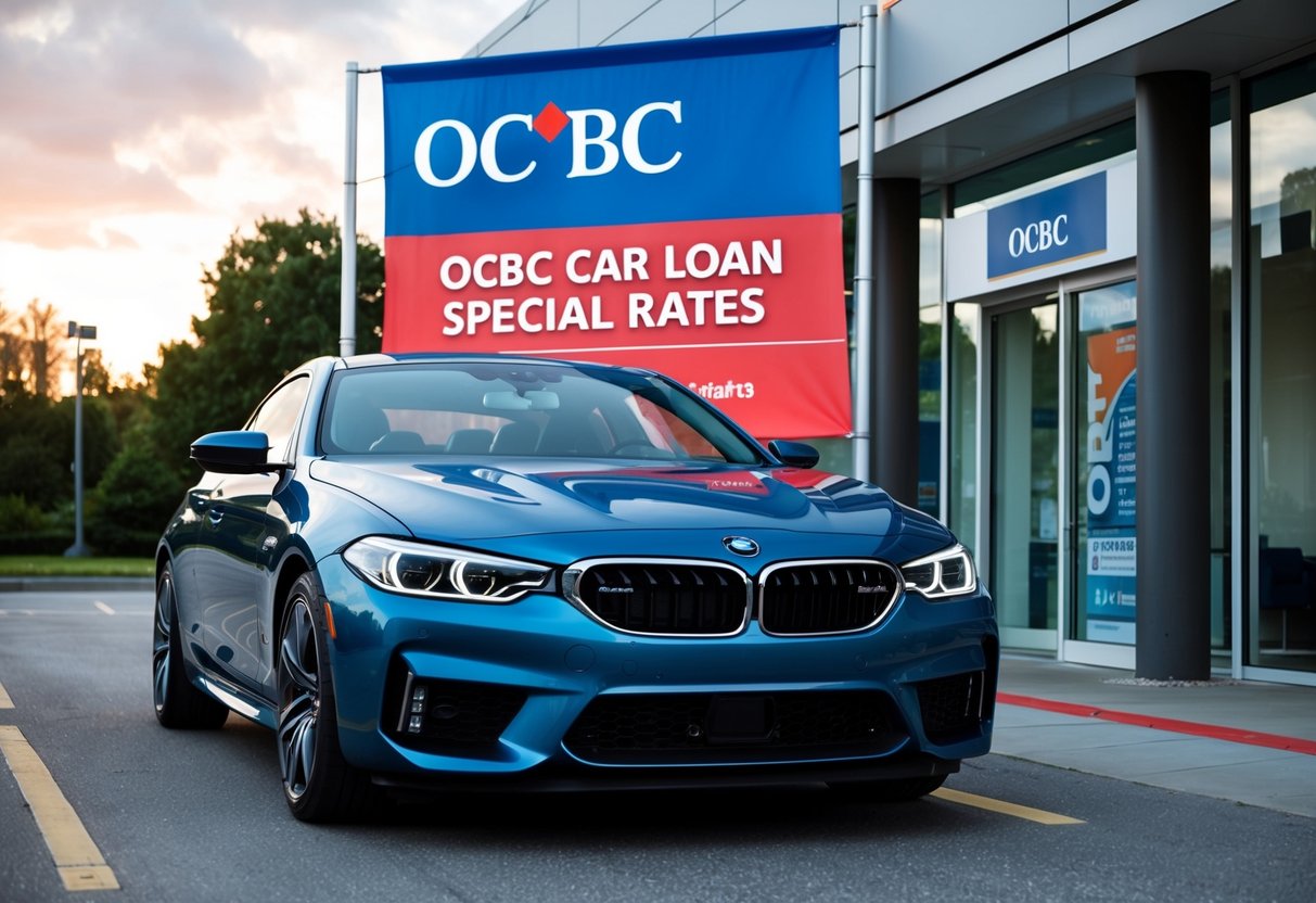 A sleek car parked in front of a bank with a large promotional banner displaying "OCBC Car Loan Special Rates."