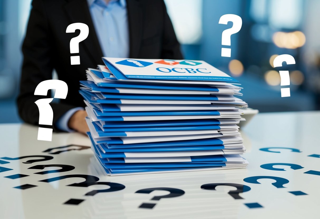 A stack of promotional materials with the OCBC logo, surrounded by question marks and a customer service representative