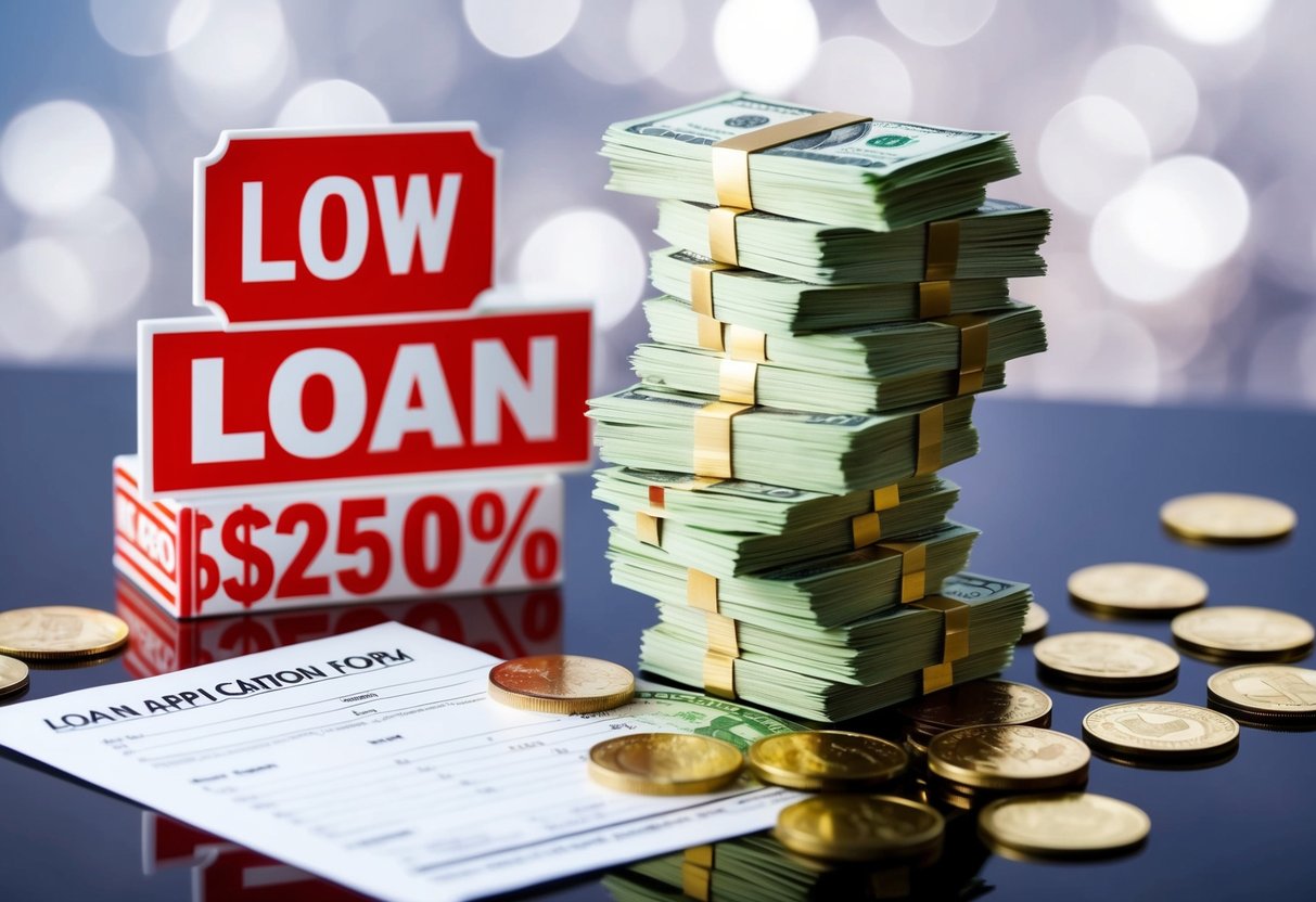 A stack of money surrounded by low percentage signs and a loan application form
