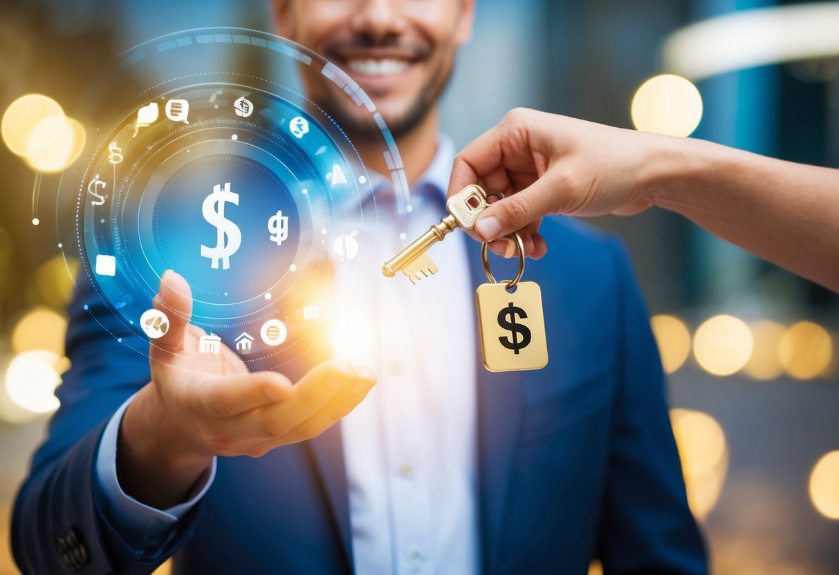 A person receiving a key with a personalized tag, surrounded by financial symbols and a glowing aura