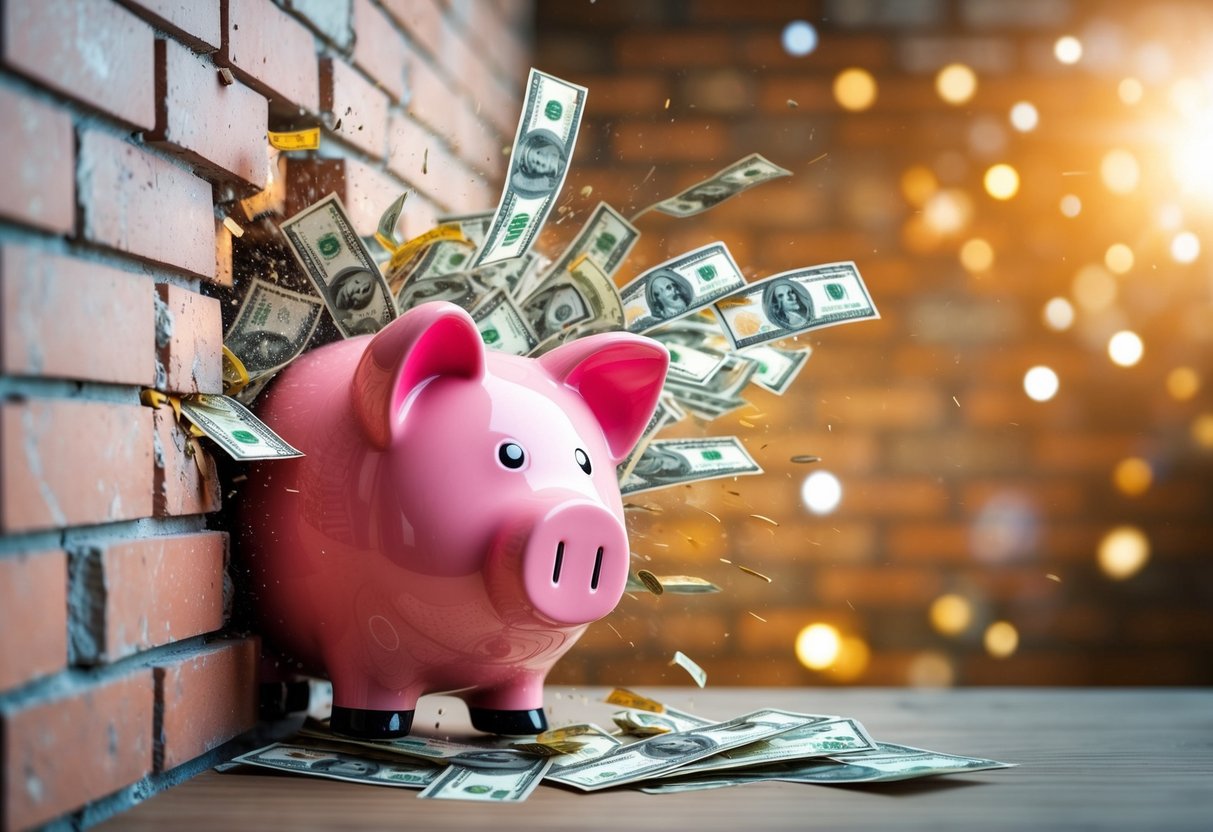 A piggy bank smashing through a brick wall with a burst of money flying out