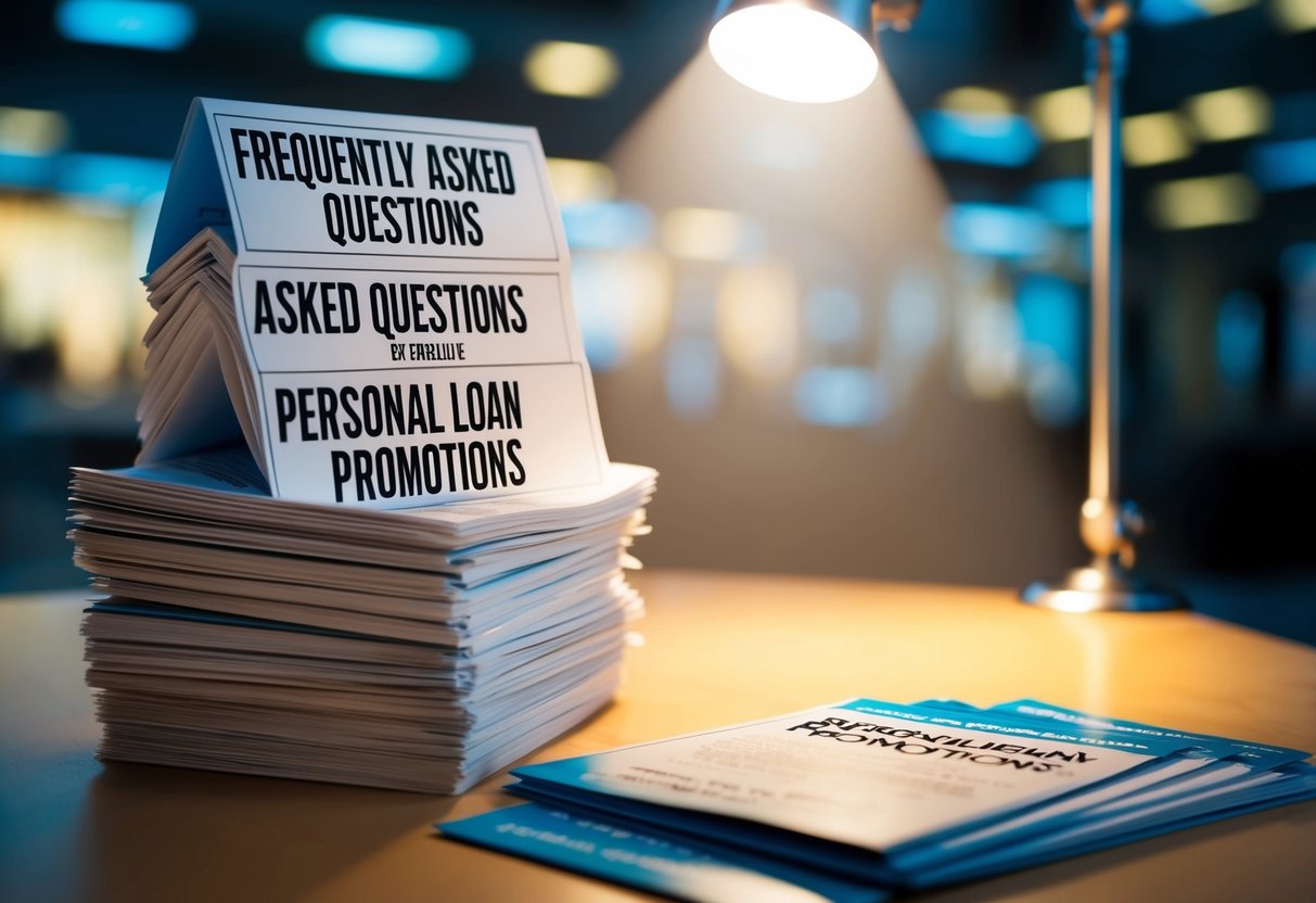 A stack of pamphlets on a table, with a spotlight highlighting the words "Frequently Asked Questions" and "personal loan promotions"