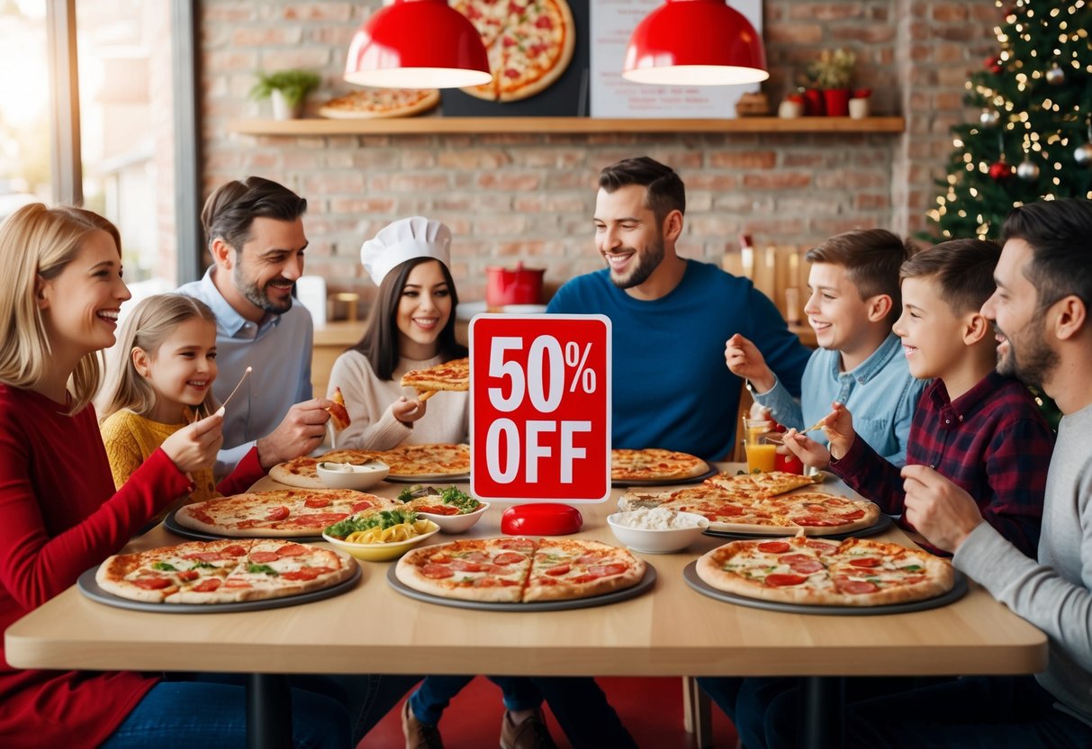 A festive family enjoying a Pizza Hut feast with various pizzas and sides spread out on a table, with a prominent "50% off" sign displayed