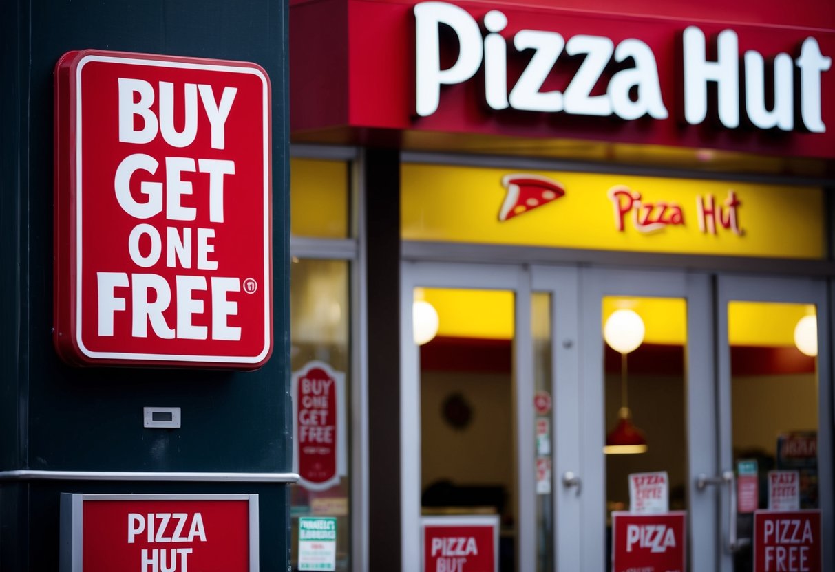 A pizza hut storefront with a large sign advertising "Buy One Get One Free" pizza promotions