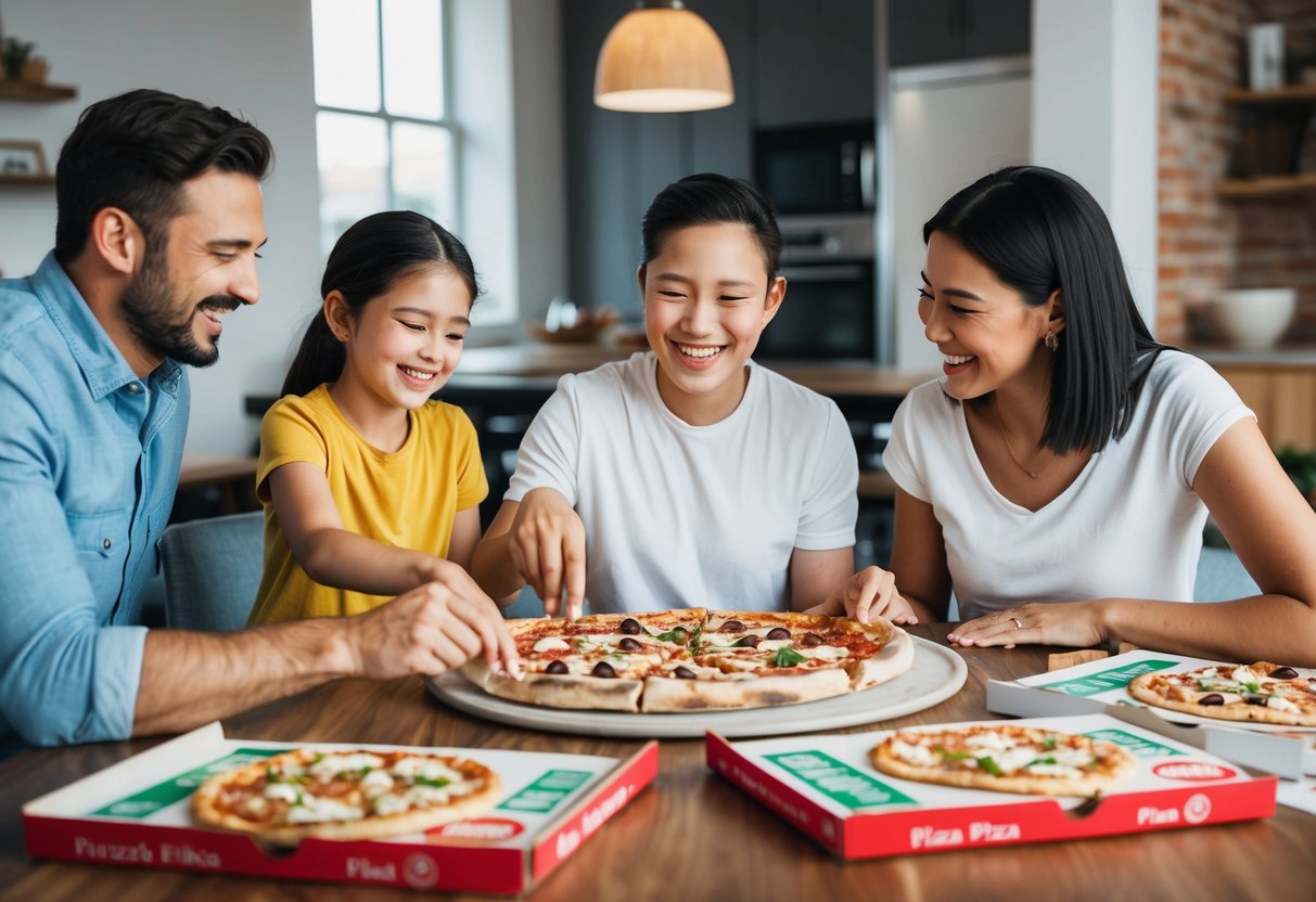 A smiling family sharing a large pizza at a dining table, surrounded by pizza boxes and promotional flyers