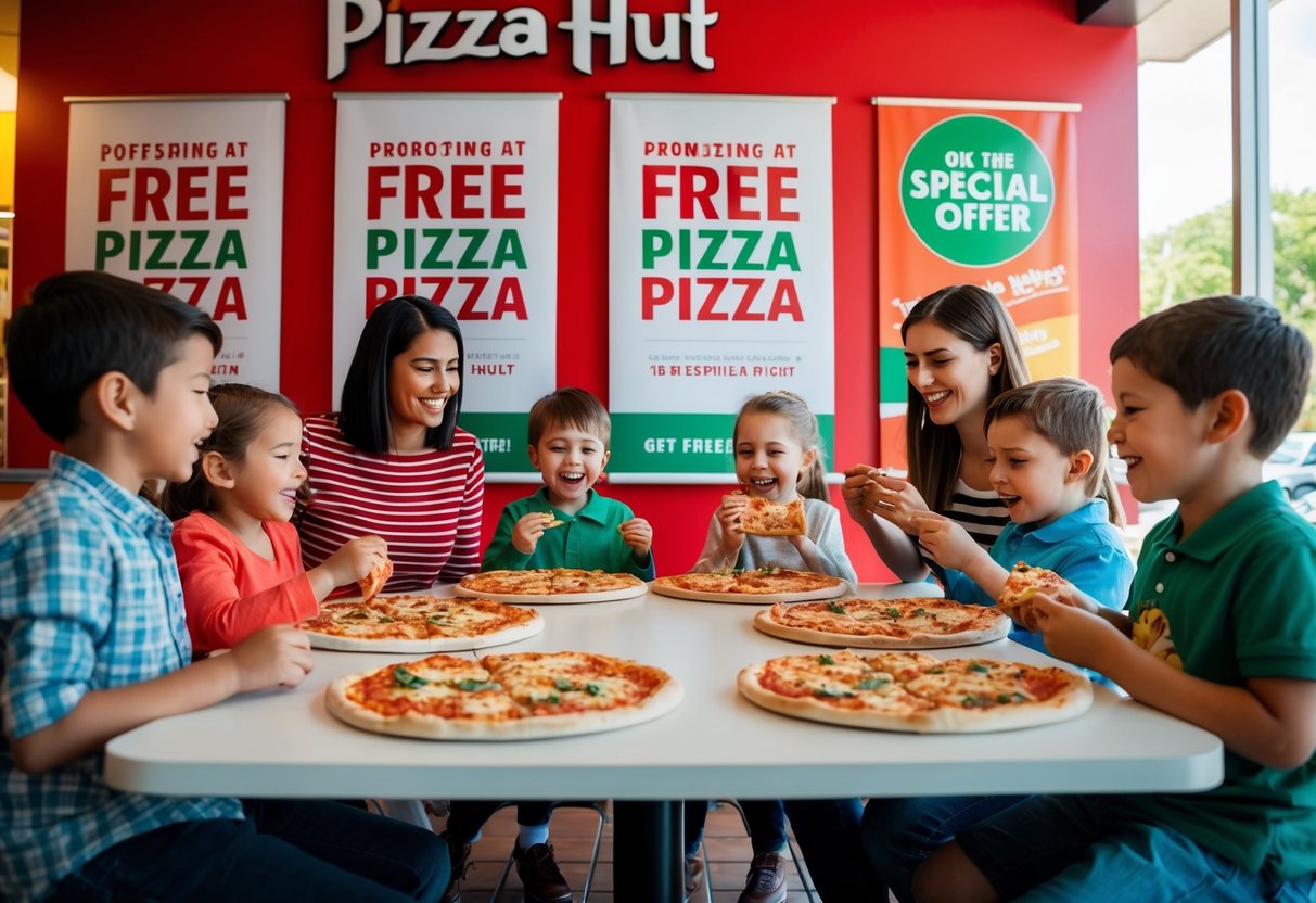 Families gather at Pizza Hut on Sundays, children happily eating free pizza, colorful banners promoting the special offer