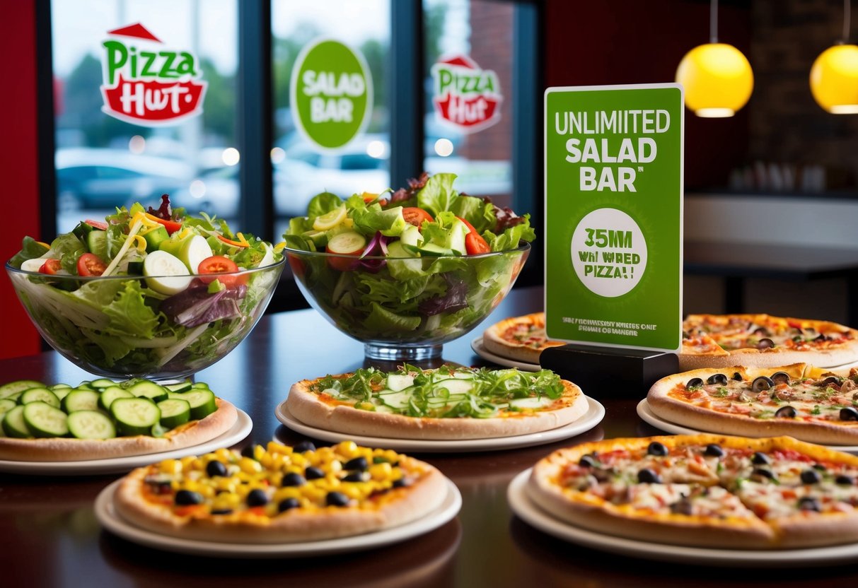 A variety of fresh salad ingredients displayed next to a selection of piping hot pizzas at Pizza Hut's Unlimited Salad Bar promotion