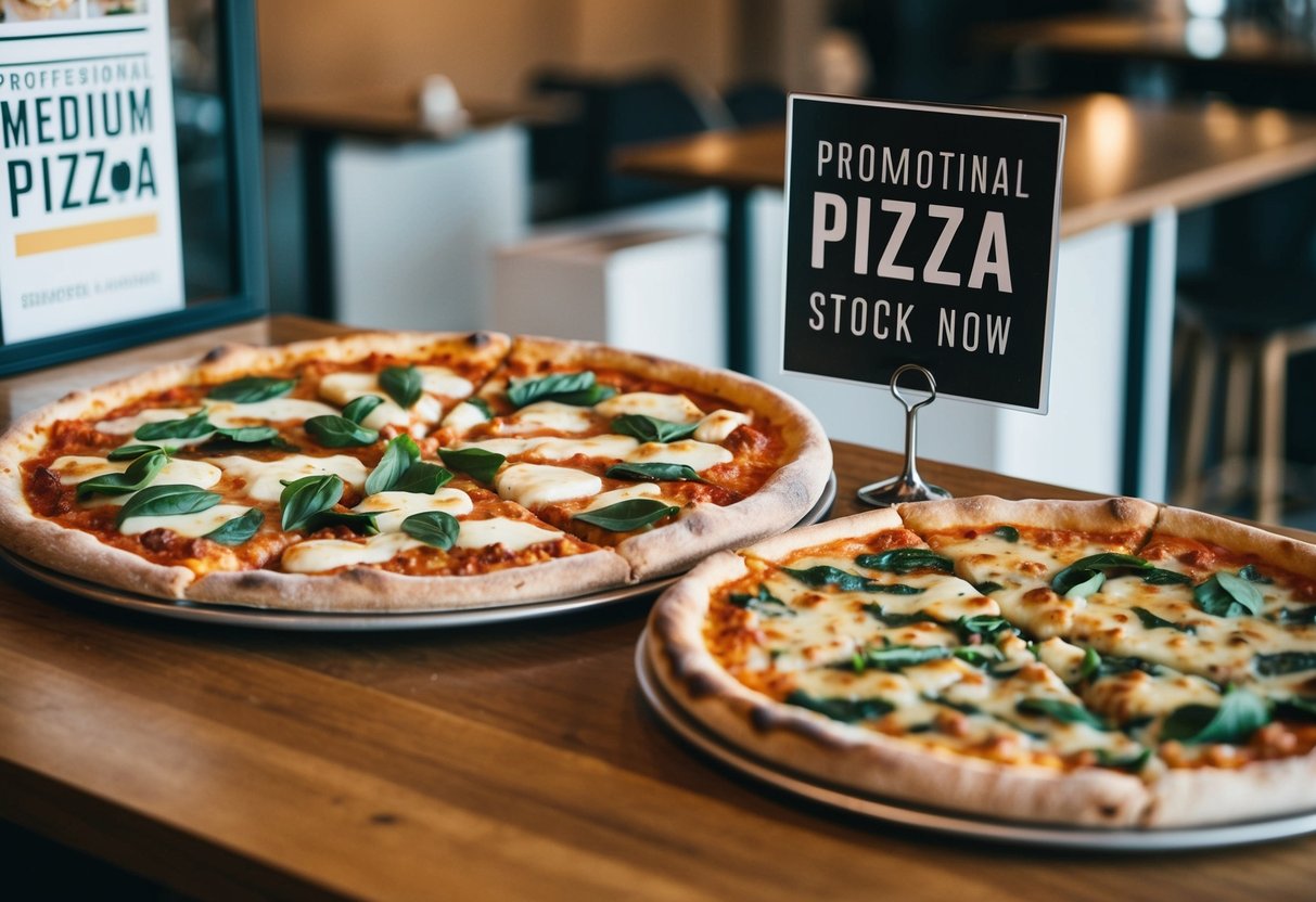 A large pizza and a medium pizza side by side with a promotional sign next to them