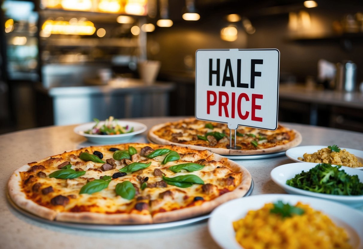 A pizza with various side dishes displayed next to it, all marked with a "Half Price" sign