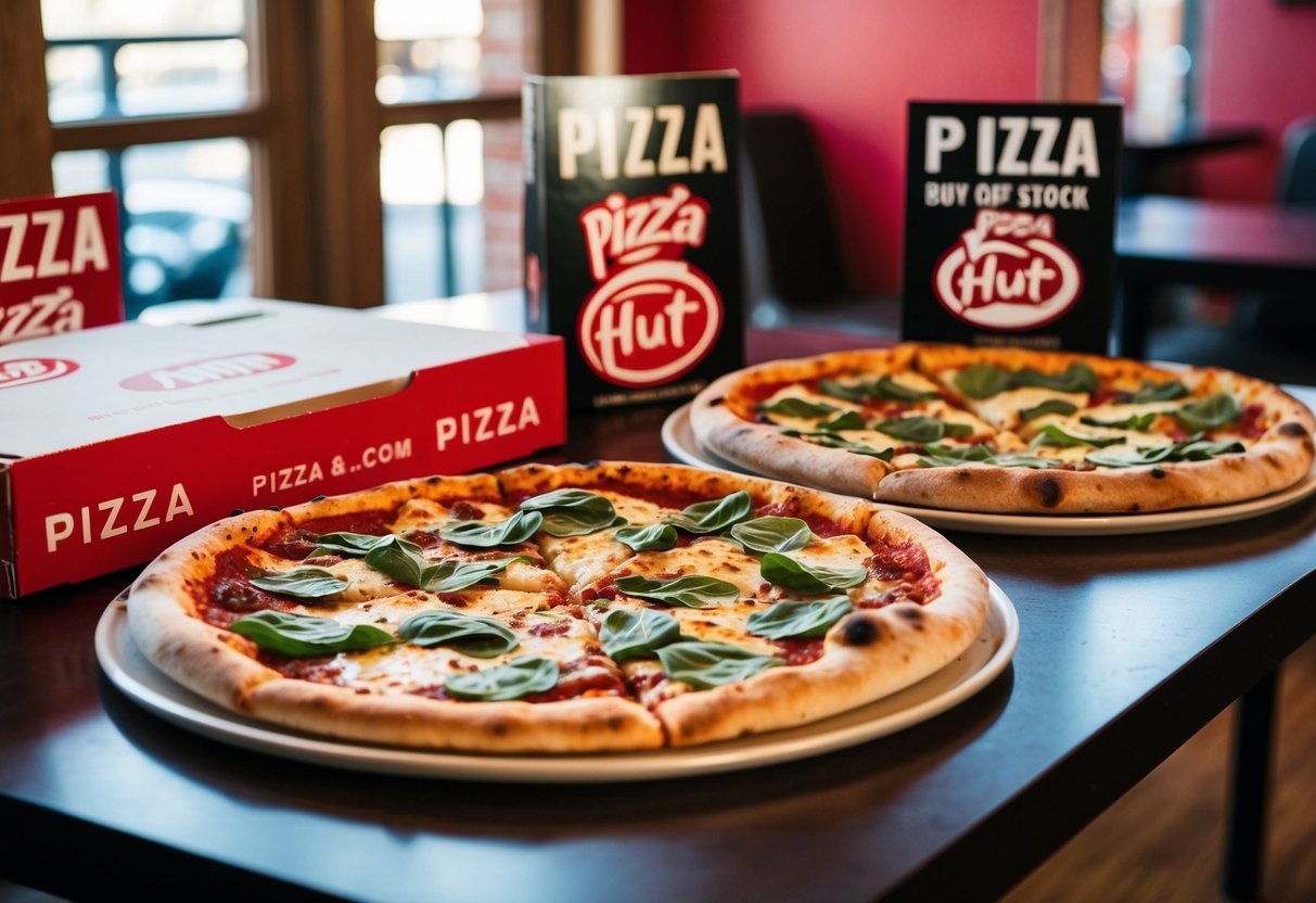 Two medium pizzas on a table with Pizza Hut boxes and promotional signs