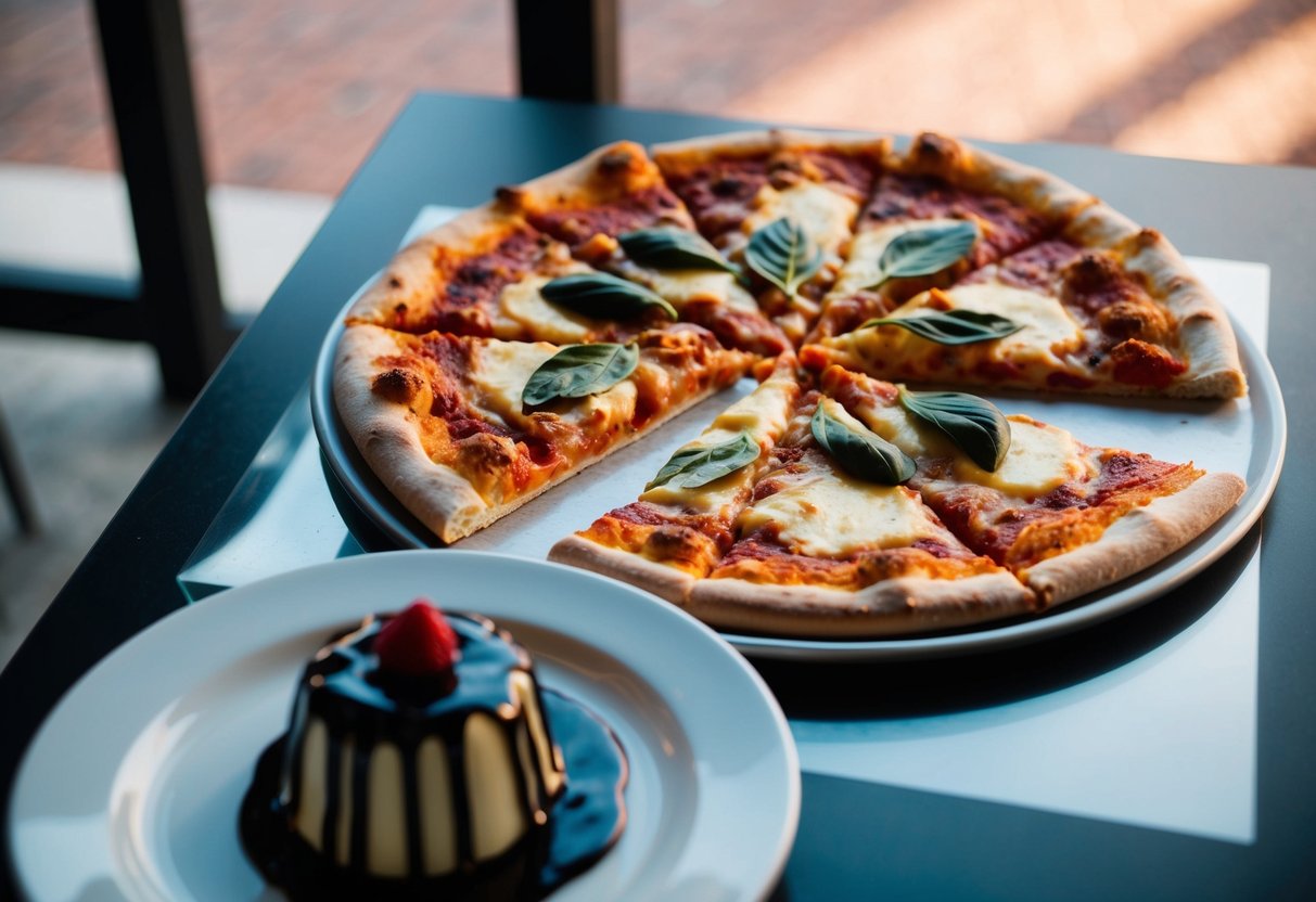 A large pizza with a slice cut out and a decadent dessert placed next to it on a table