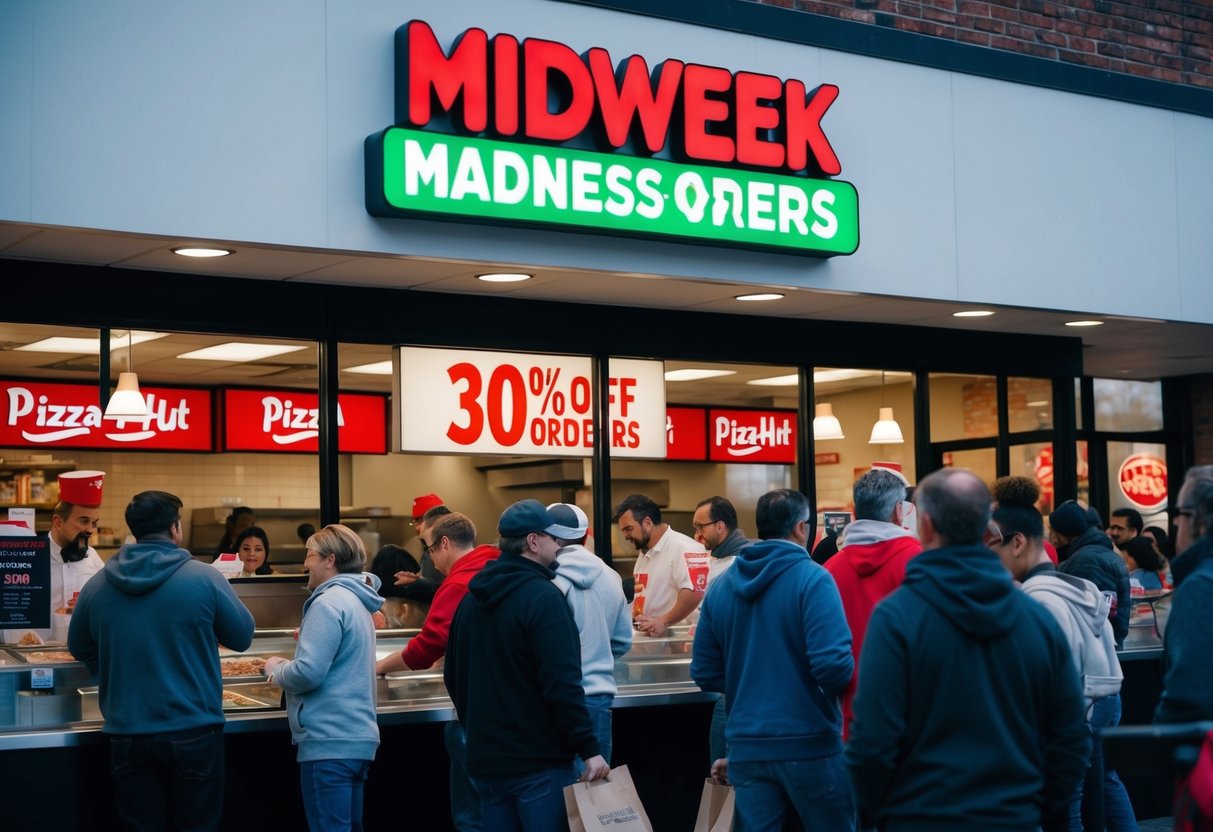 A bustling Pizza Hut store with a prominent "Midweek Madness: 30% off Orders" sign displayed. Customers eagerly line up to place their orders