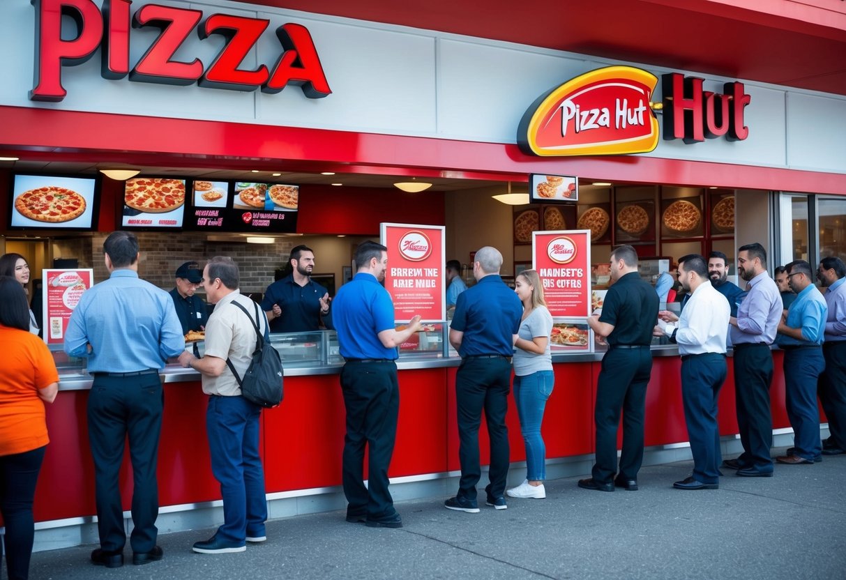 A bustling Pizza Hut store with customers lining up, a vibrant promotional display, and staff busy answering frequently asked questions