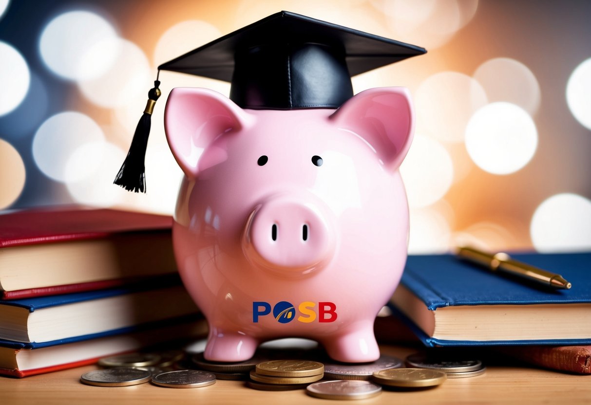 A piggy bank with a graduation cap on top, surrounded by books, coins, and a POSB logo