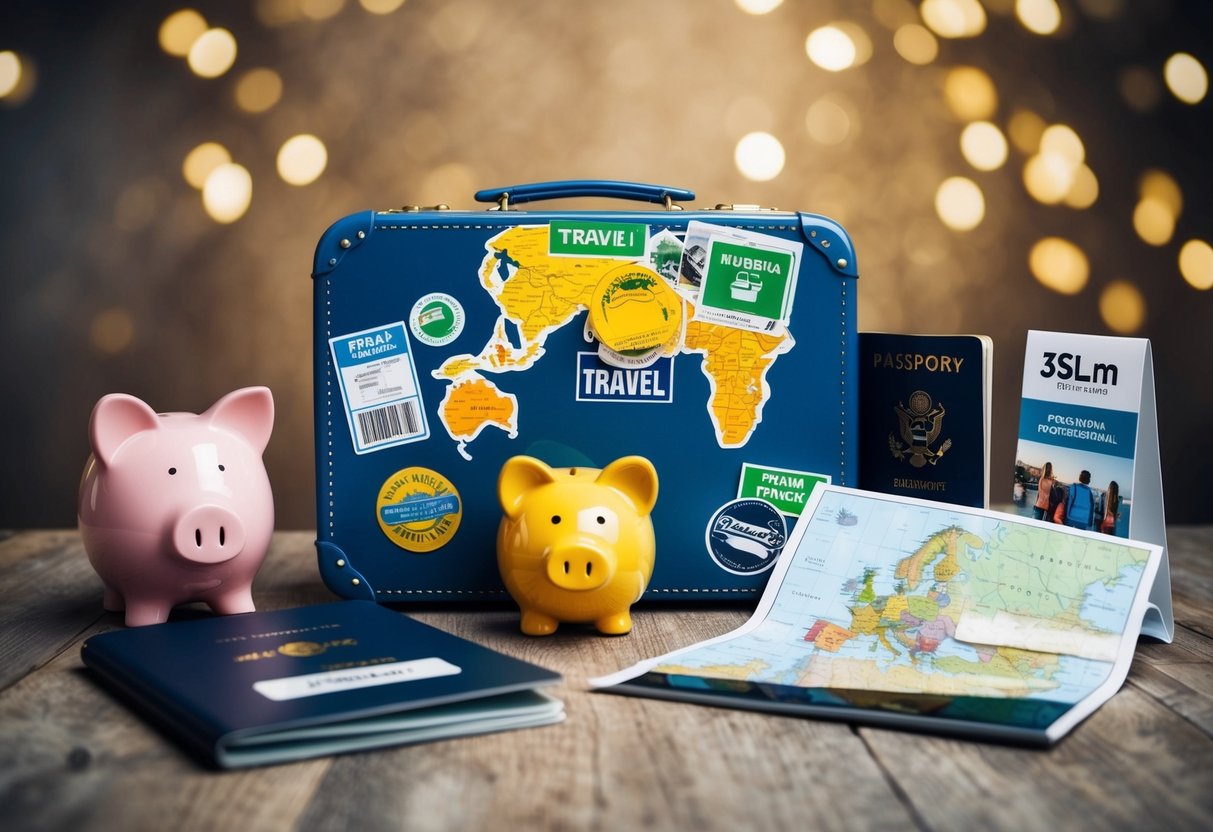 A suitcase with travel stickers, a passport, and a map surrounded by a piggy bank and promotional materials