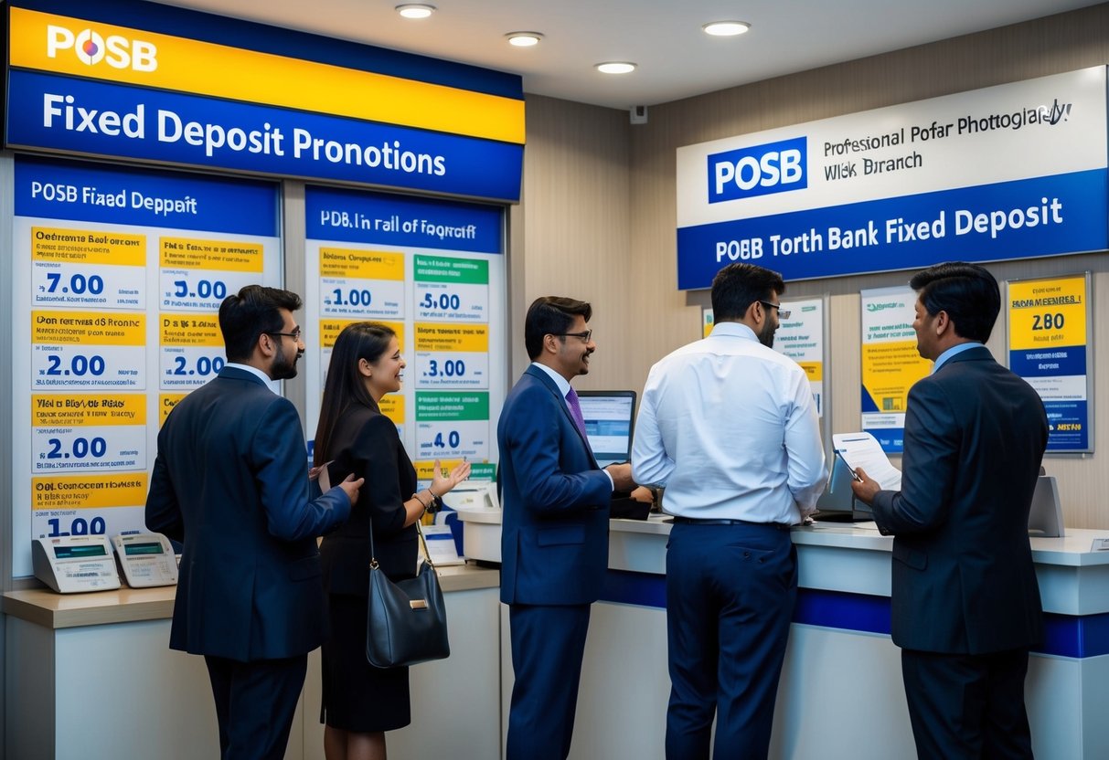 A bank branch with a prominent display of POSB Fixed Deposit promotions. Customers discussing offers with staff