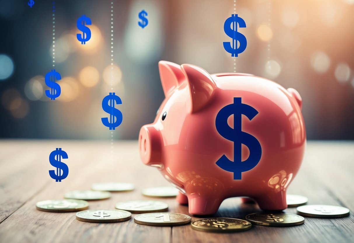 A piggy bank with a dollar sign on its side, surrounded by falling interest rate symbols