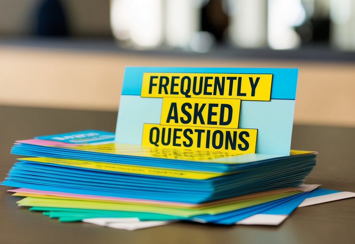 A stack of colorful promotional flyers with the words "Frequently Asked Questions" displayed prominently