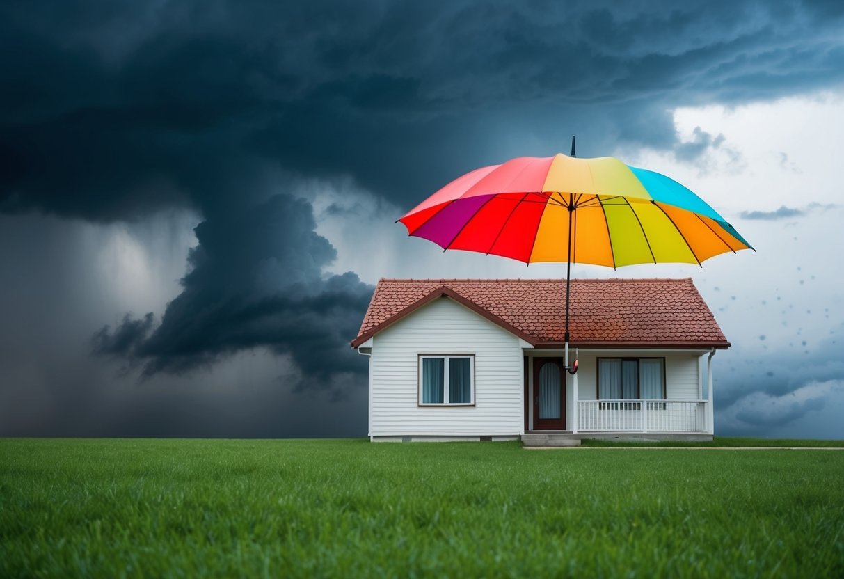 A colorful umbrella protecting a house while a storm rages outside